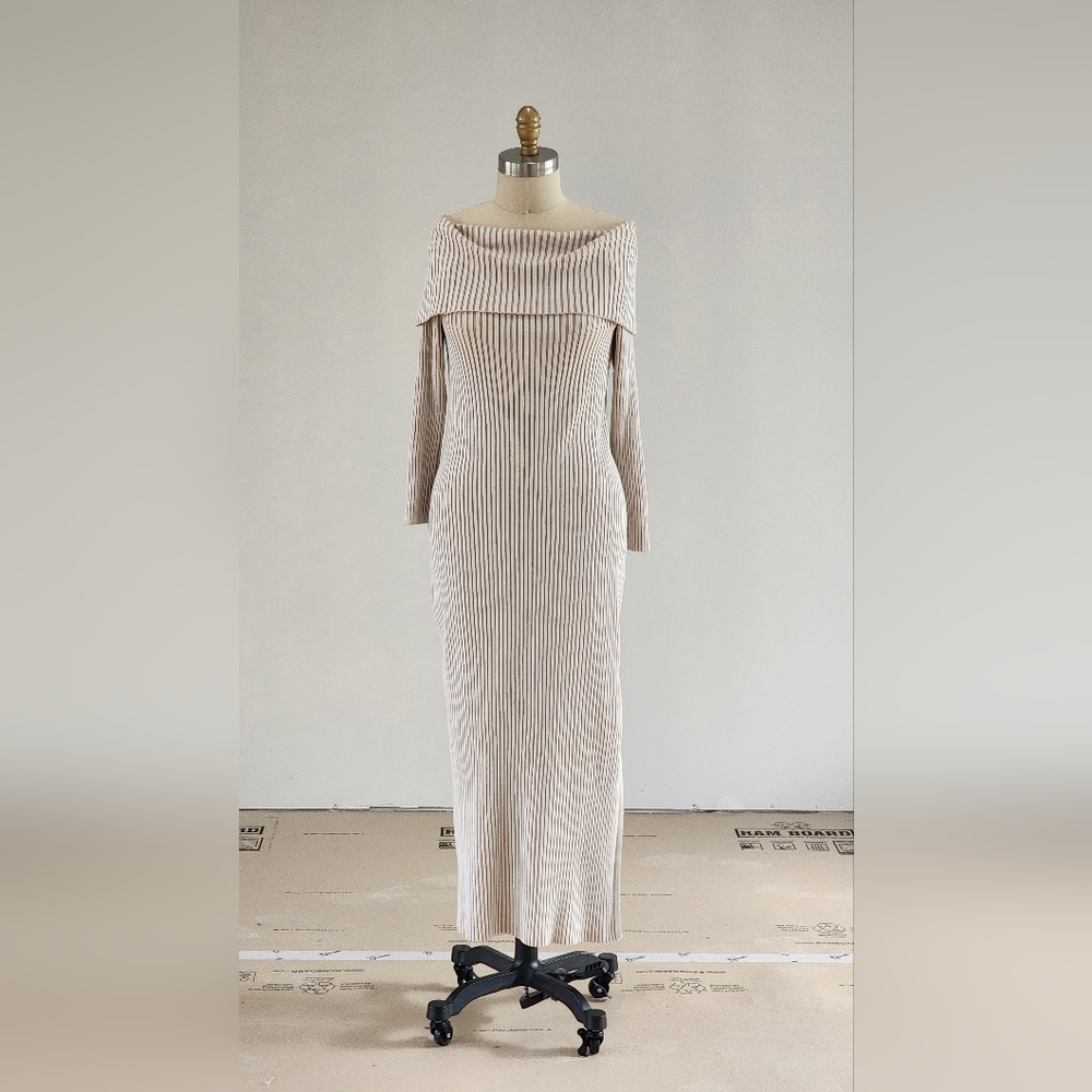 Anthropologie Cream Long Sleeve Ribbed Dress